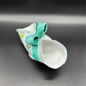 Vintage Italian Pottery Basket Dish Hand Painted Bow Flowers Cottagecore Floral